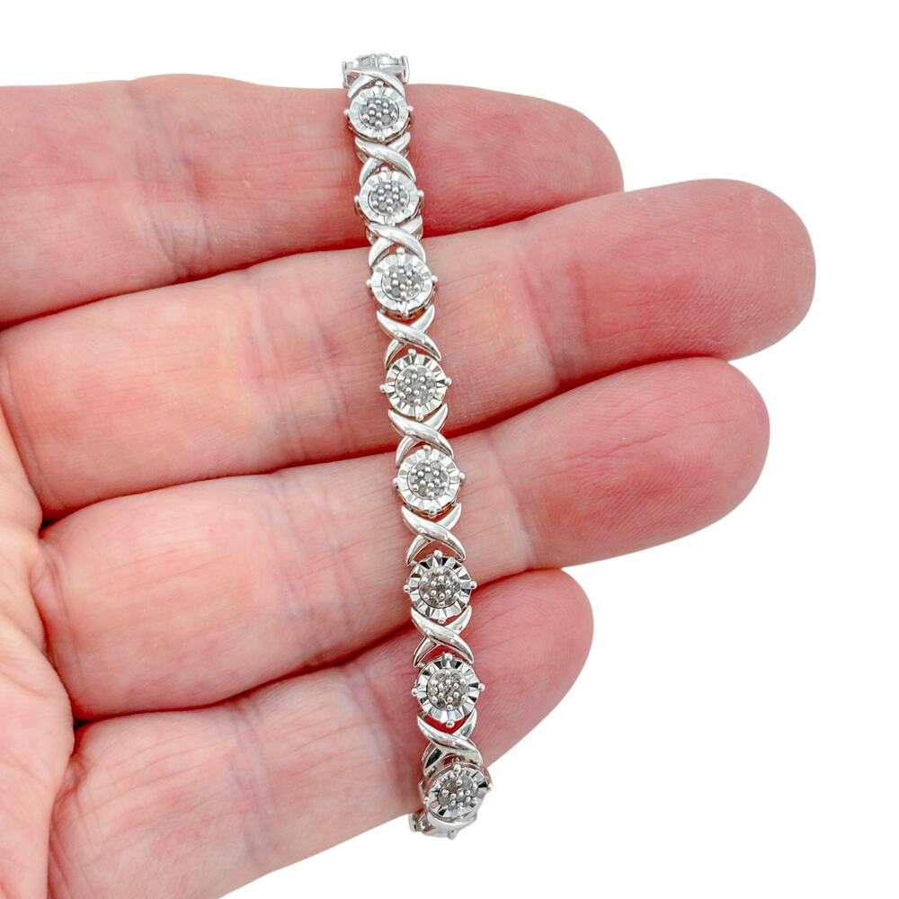Vintage Sterling Silver 925 Diamond 0.73ctw Flower Link Bracelet 7.5"